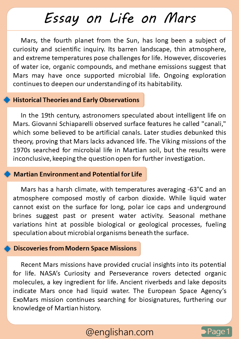 Essay on Life on Mars 500-word – Scientific exploration and possibilities.