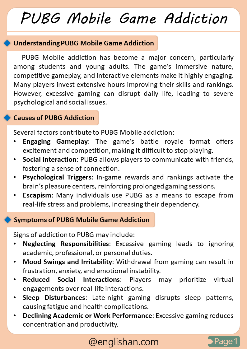 PUBG Mobile Game Addiction Essay – Free PDF & Images