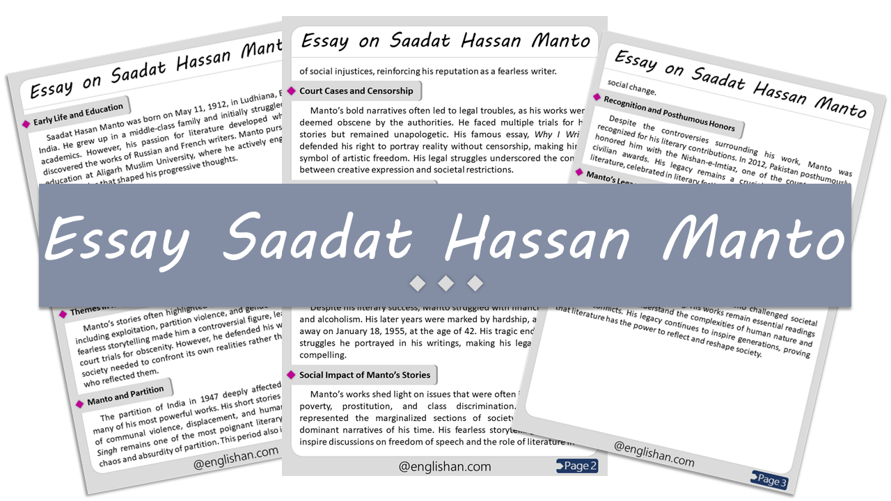 Saadat Hasan Manto Essay – 10 Lines, 250 Words, and 500 Words