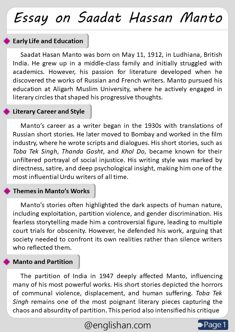 500 Words Saadat Hasan Manto Essay for Upper Primary and Lower Secondary