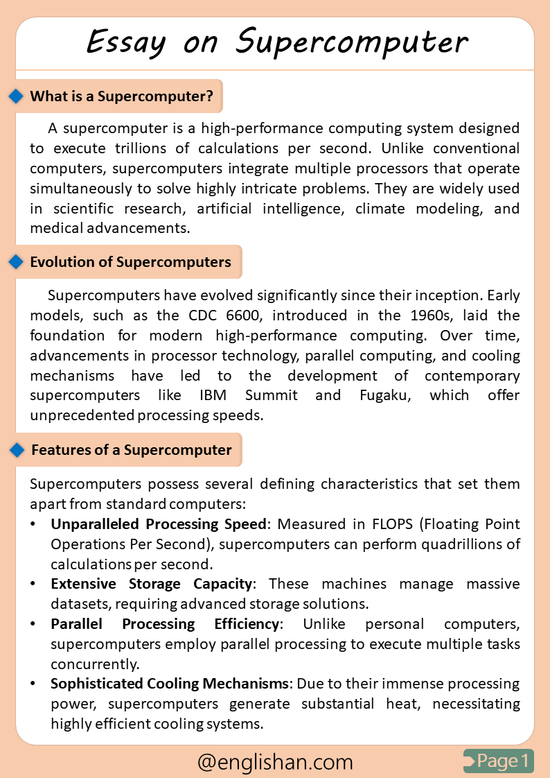 Supercomputer 500-word essay with free PDF & images.