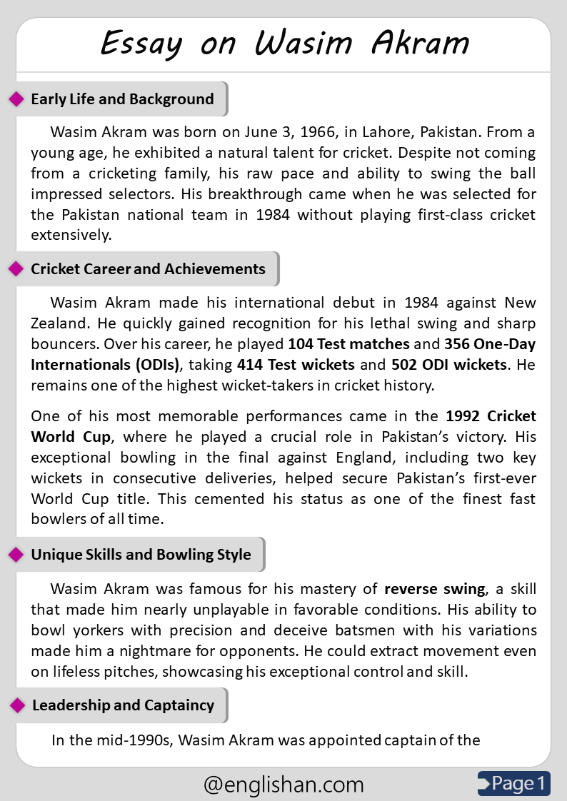 500 Words Wasim Akram Essay for Upper Primary and Lower Secondary