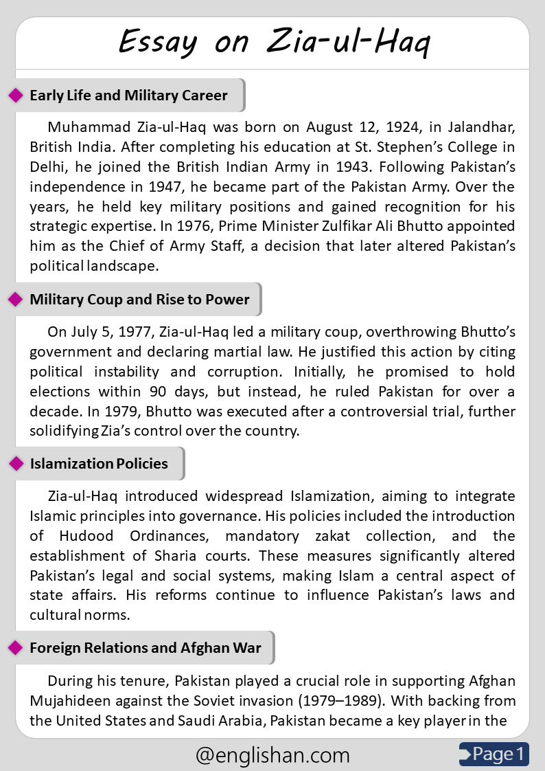 500 Words Zia-ul-Haq Essay for Upper Primary and Lower Secondary