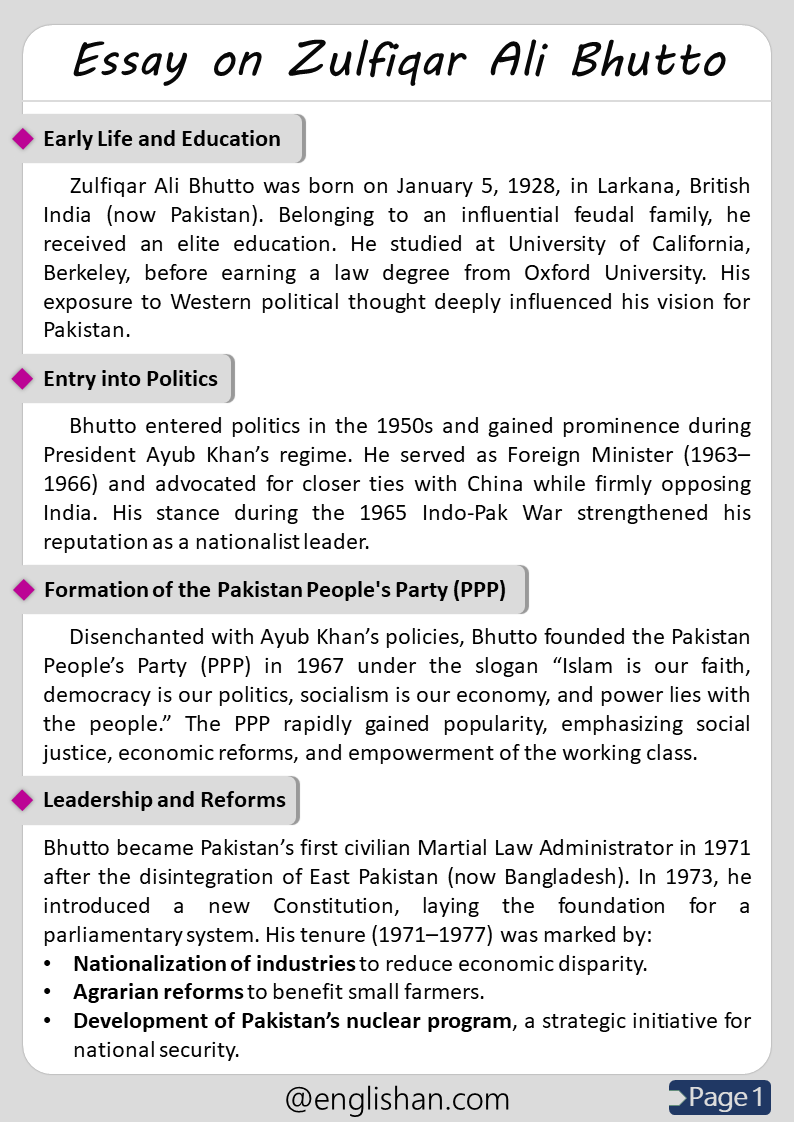 500 Words Zulfiqar Ali Bhutto Essay for Upper Primary and Lower Secondary