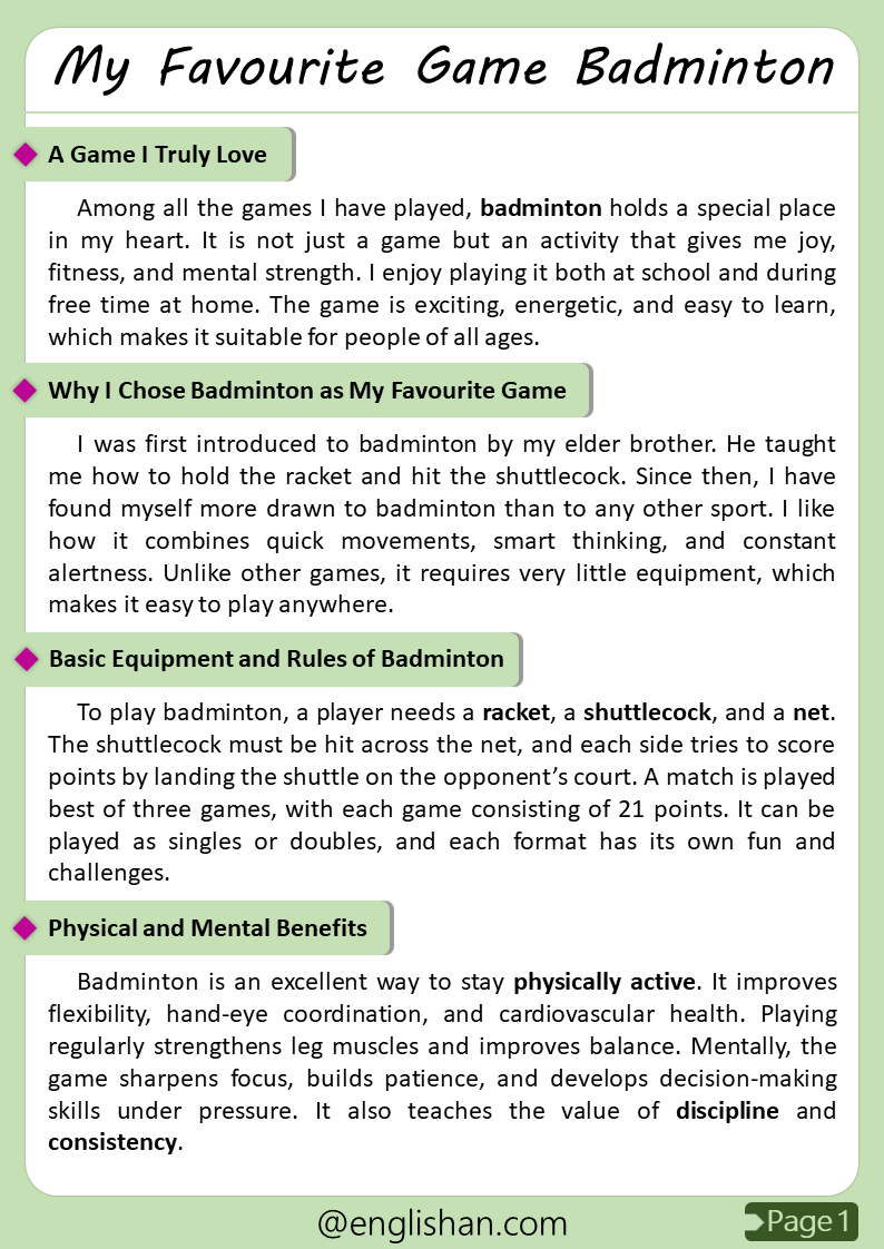 500 Words My Favourite Game Badminton Essay for Upper Primary and Lower Secondary