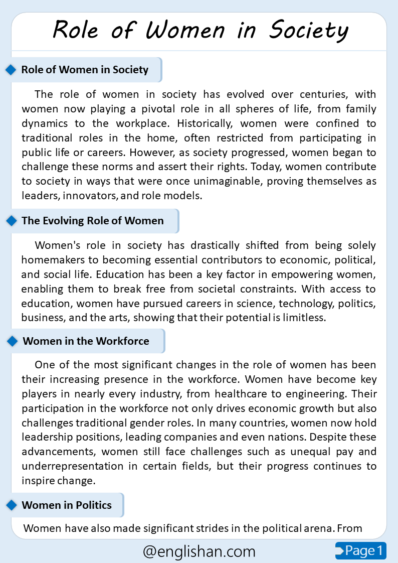 500 Words Role of Women in Society Essay for Upper Primary and Lower Secondary