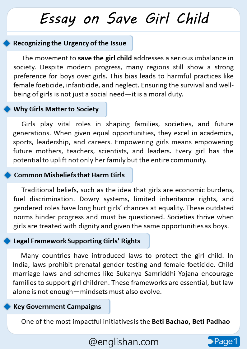 500 Words Save Girl Child Essay for Upper Primary and Lower Secondary