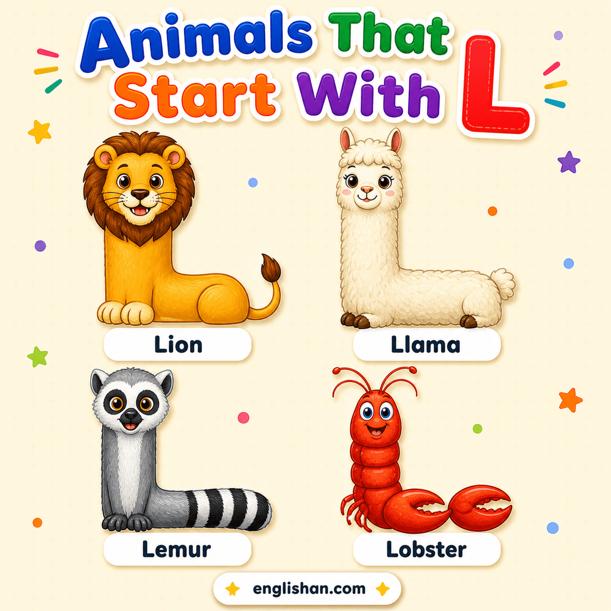 Animals that start with L for kids: lion, leopard, llama, lizard, and lemur with names for early alphabet learning.