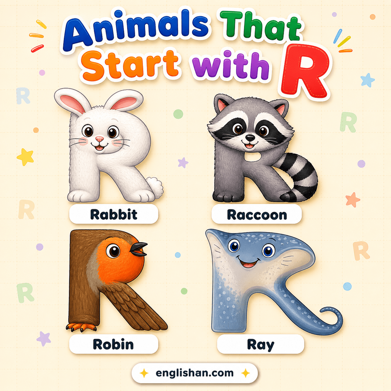 Animals that start with R for kids: rabbit, raccoon, rhinoceros, reindeer, and red panda with names for early learning.