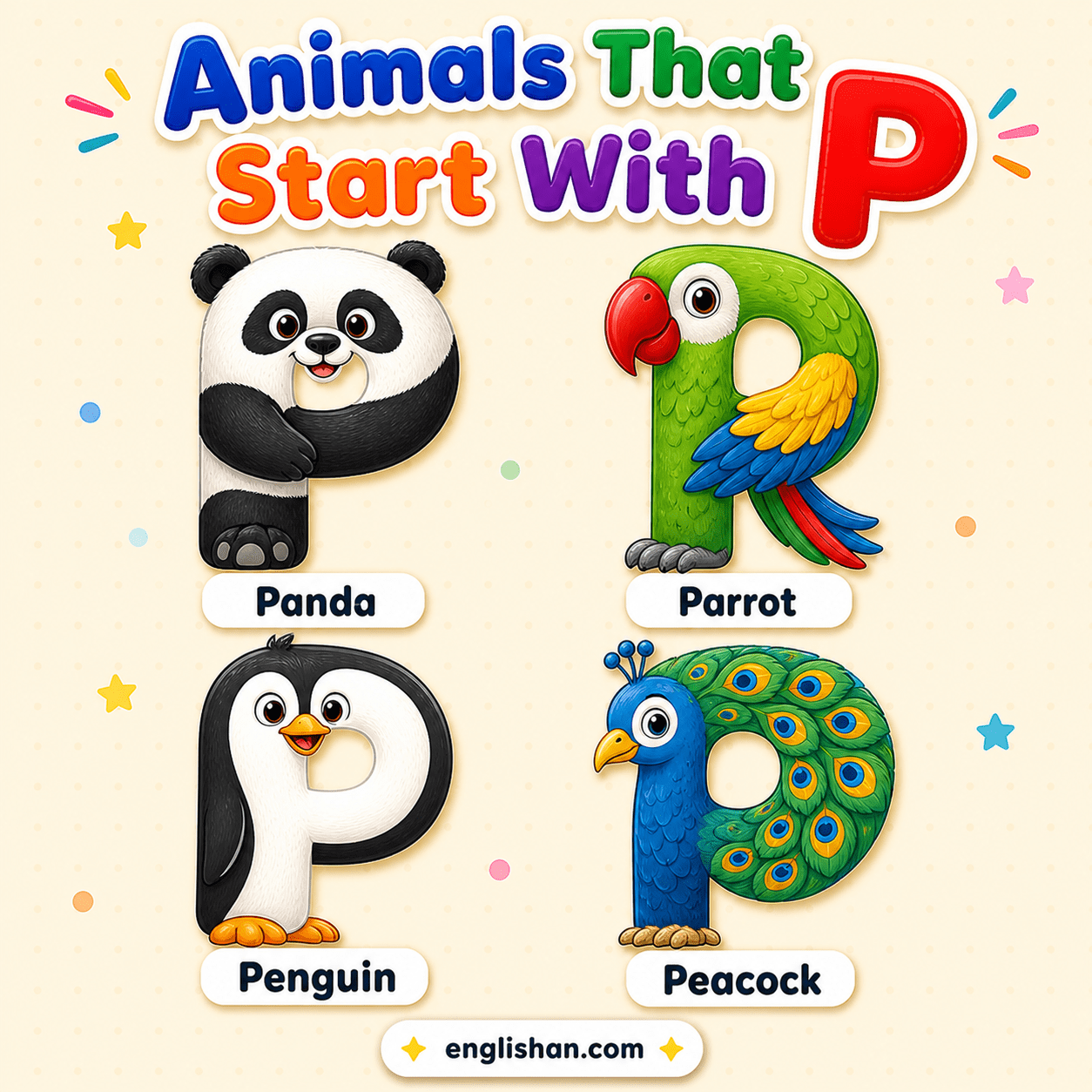 Animals starting with P for kids penguin, panda, parrot, peacock, and pig with names for early alphabet learning.