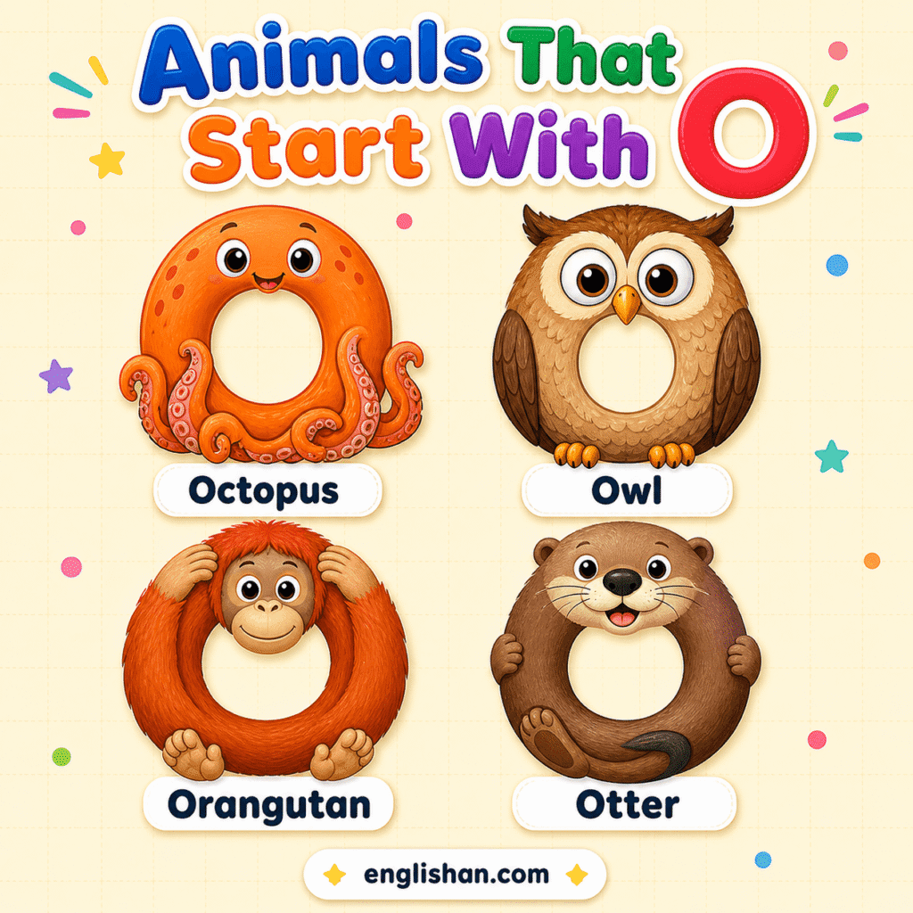 Animals that start with O for kids: octopus, ostrich, otter, owl, and orangutan with names for early learning.