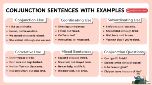 Conjunction sentences used in English grammar examples