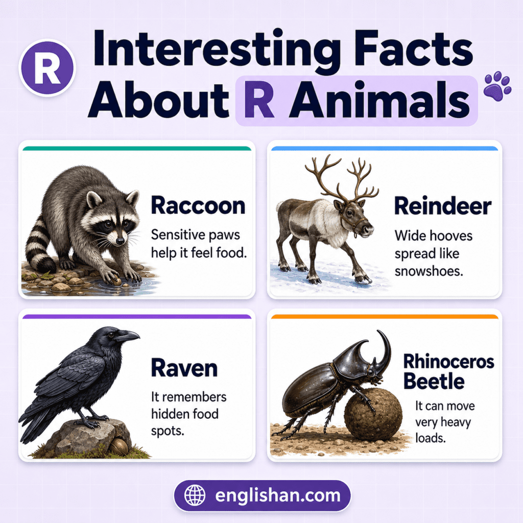 R animals including rhinoceros, reindeer, rattlesnake, red panda, and raven with interesting wildlife facts and species details.