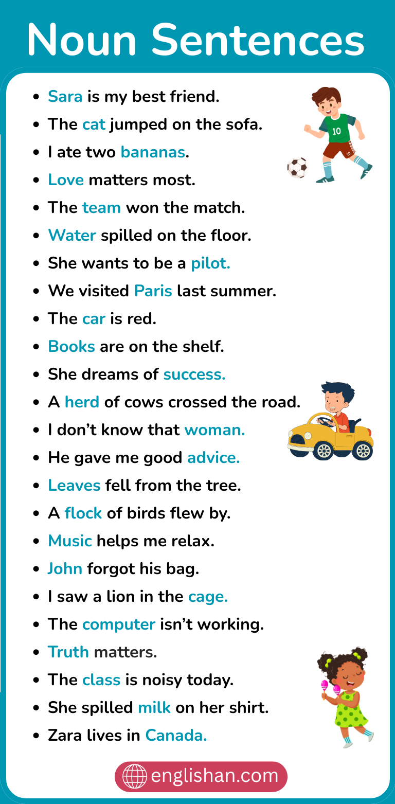 List of noun sentences in English showing different types of usage
