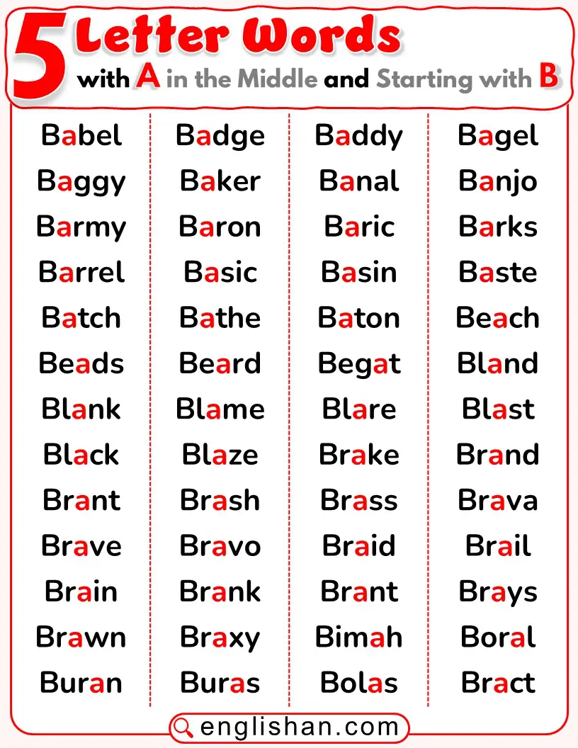 5-letter words starting with B and with A in the middle, like brace and brand.