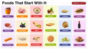 Foods that start with H, like honey, ham, hummus, and hazelnuts.