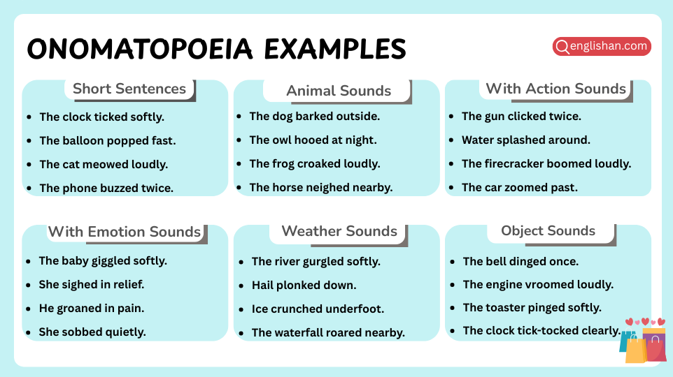 Onomatopoeia sentence examples with clear English sentence usage