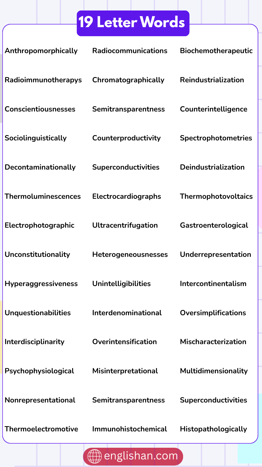 19 letter words vocabulary list in English