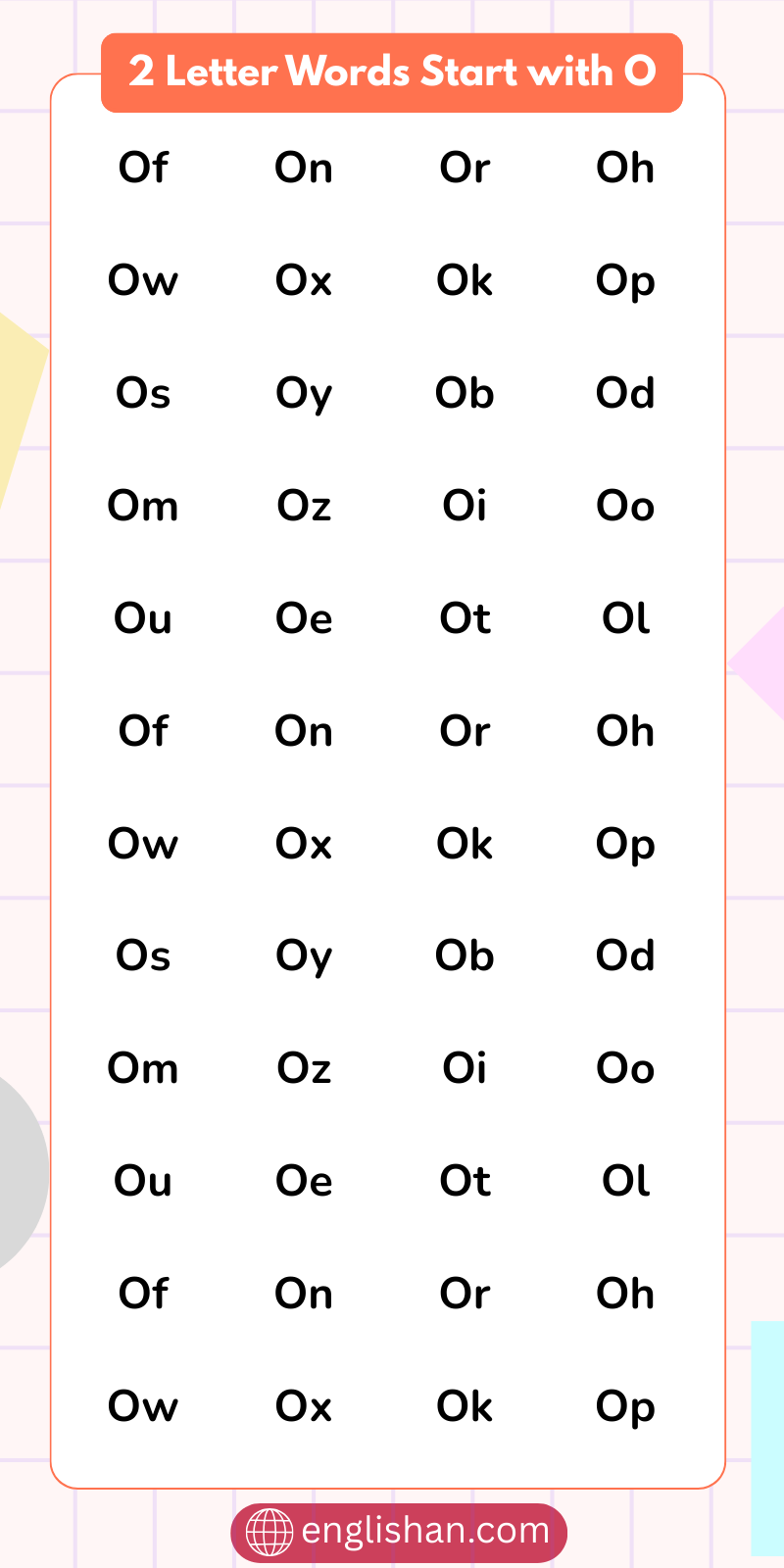 List of 2 Letter Words That Start with O in English complete list