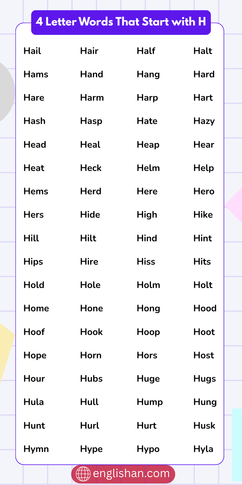 List of 4-Letter Words That Start with H for English learners