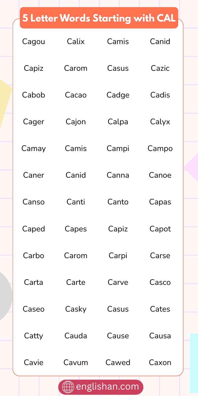 “List of 5 letter words starting with CA in a vocabulary chart”