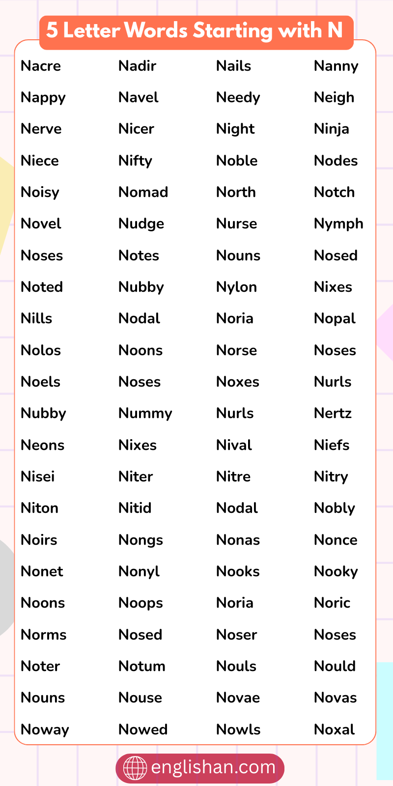  List of 5 letter words that start with N in English