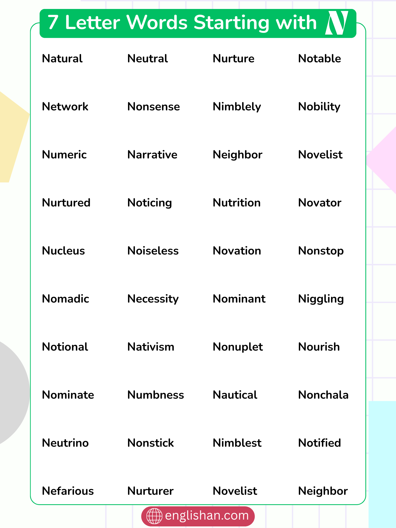 7 letter words starting with N vocabulary list