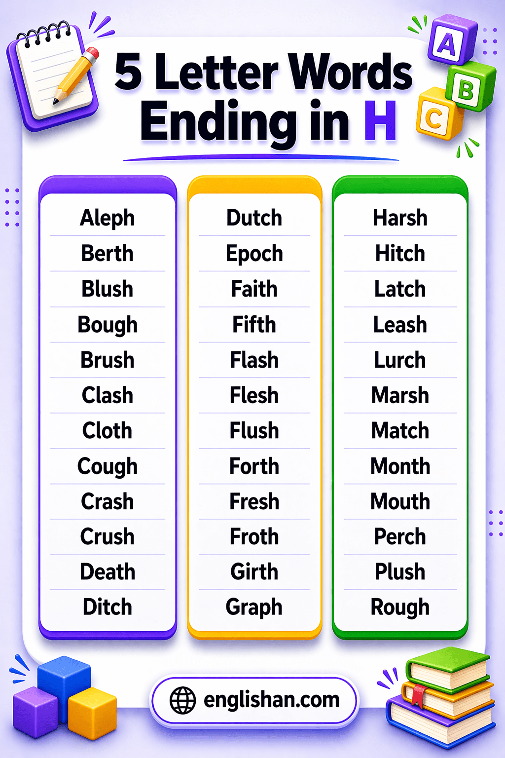 List of 5 letter words ending in letter H, such as beach, brush, clutch, and teeth.

