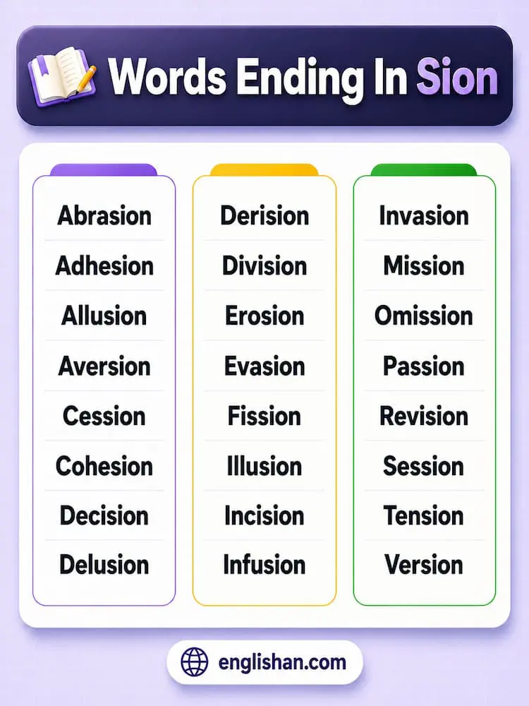 List of words ending in sion with meanings, showing vision, decision, explosion, erosion, invasion, and profession