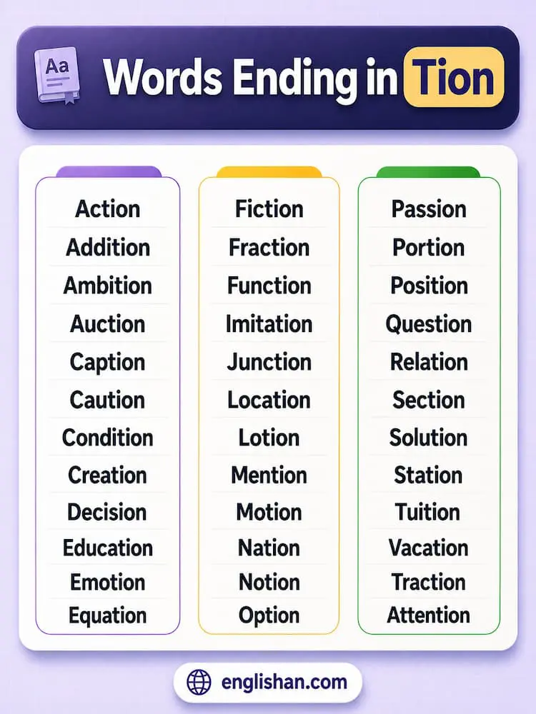 Words ending in tion from A to Z with examples like action, education, motivation, nation, solution, and vacation