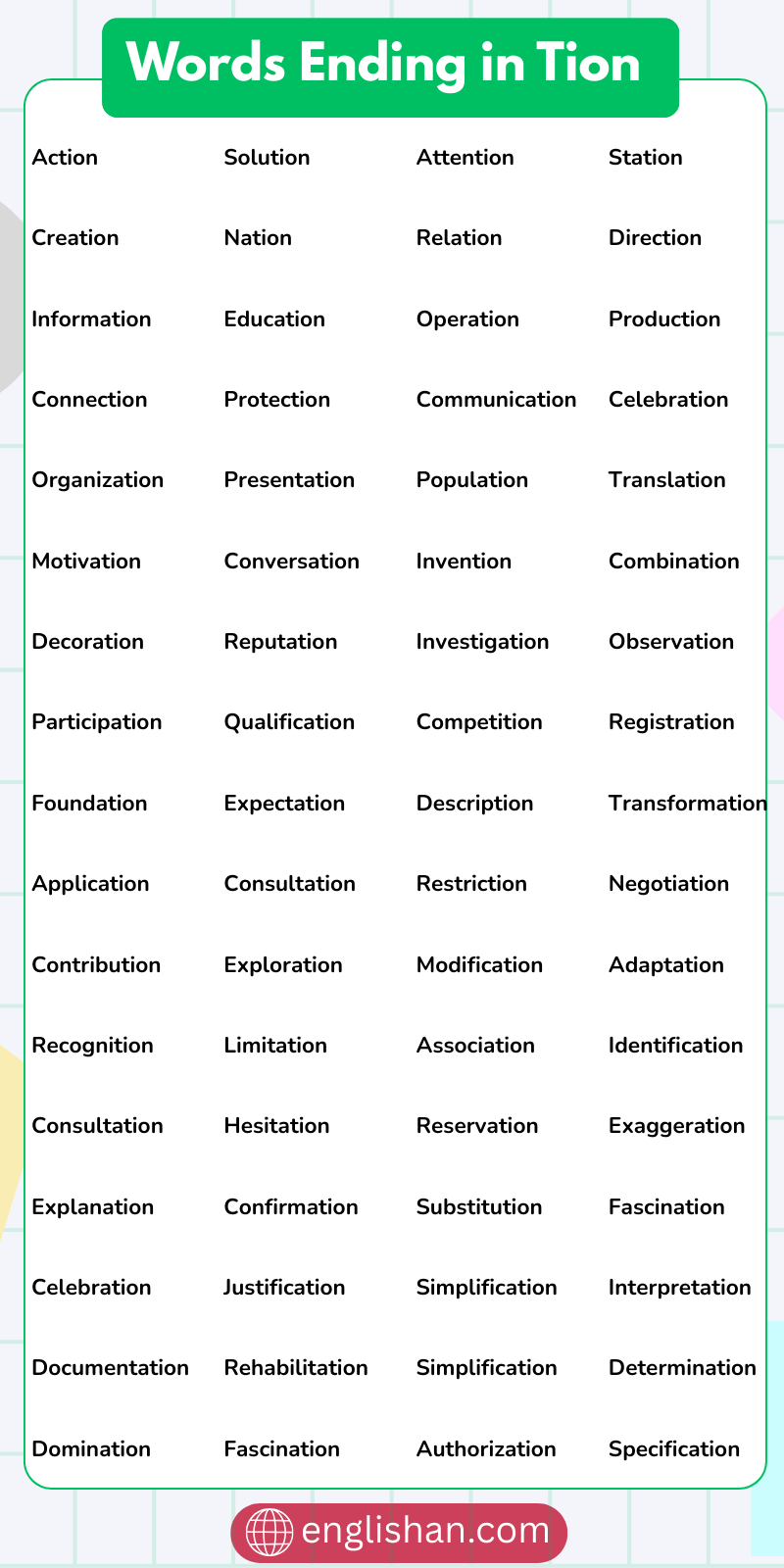 List of words ending in tion in English