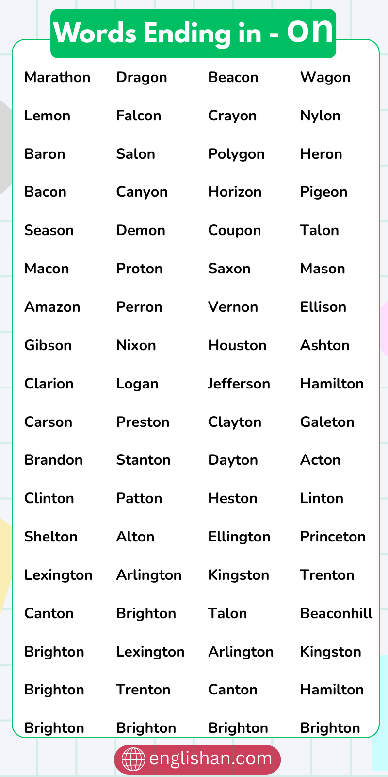 List of words ending in on with 5 letter and 6 letter words