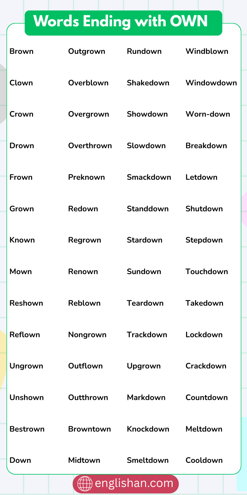 List of words ending with OWN in English