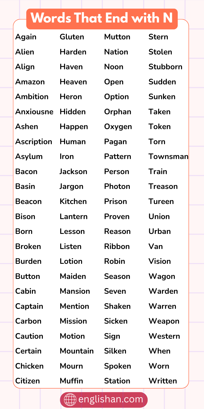  Words that end with N vocabulary list in English