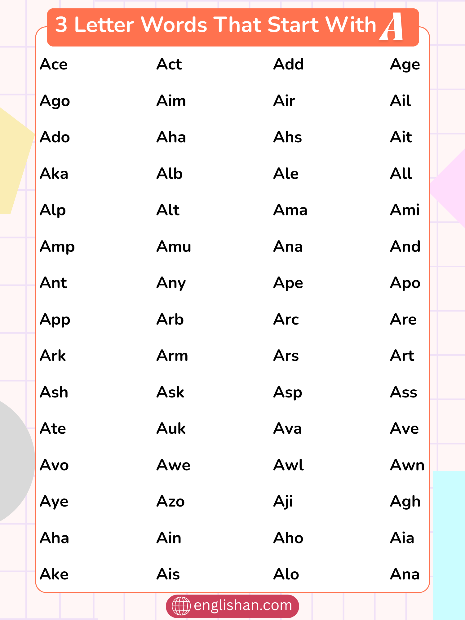  Three letter words that start with A vocabulary list