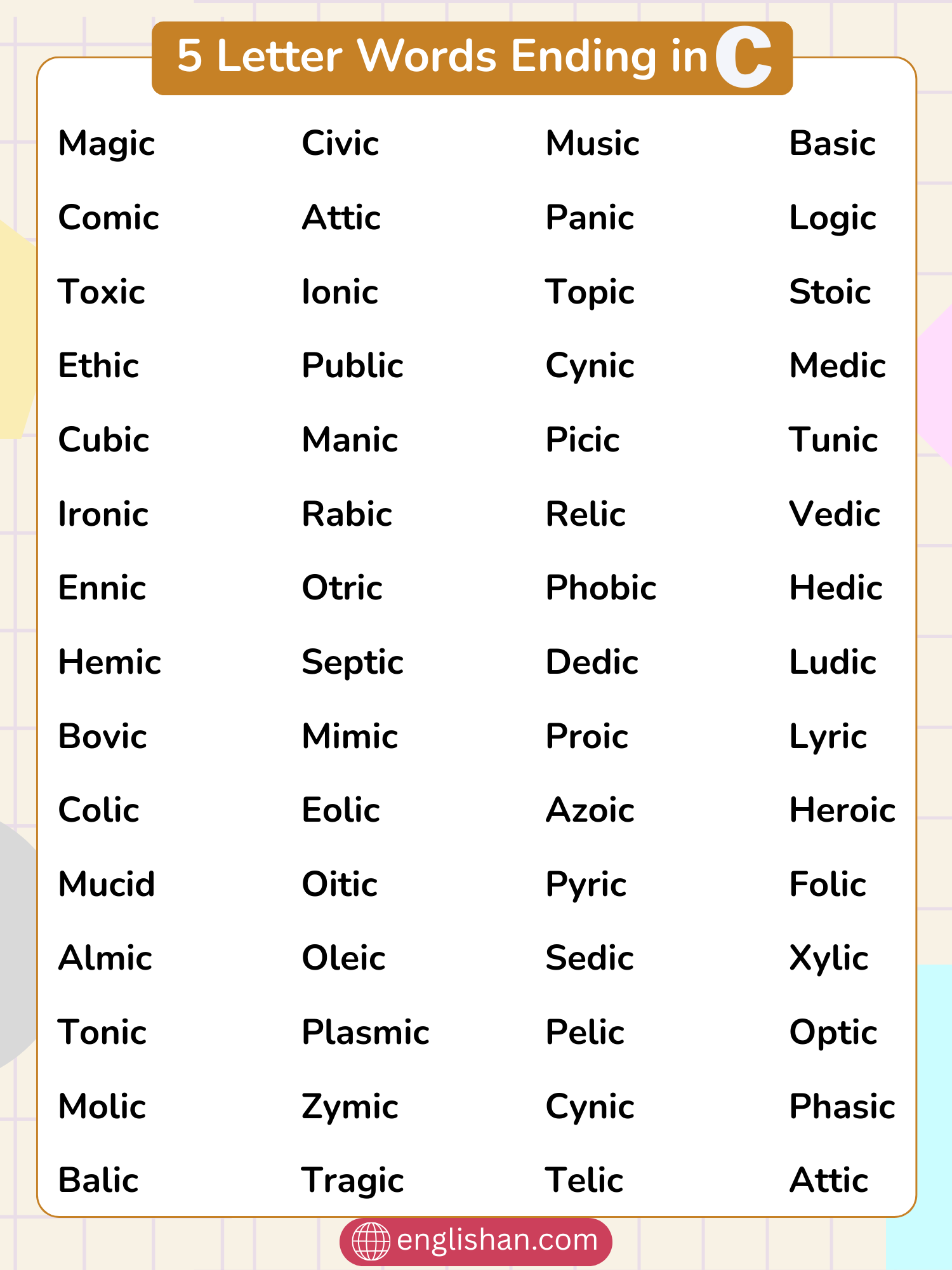 5-letter words ending in C with IC, CH, CE, CK