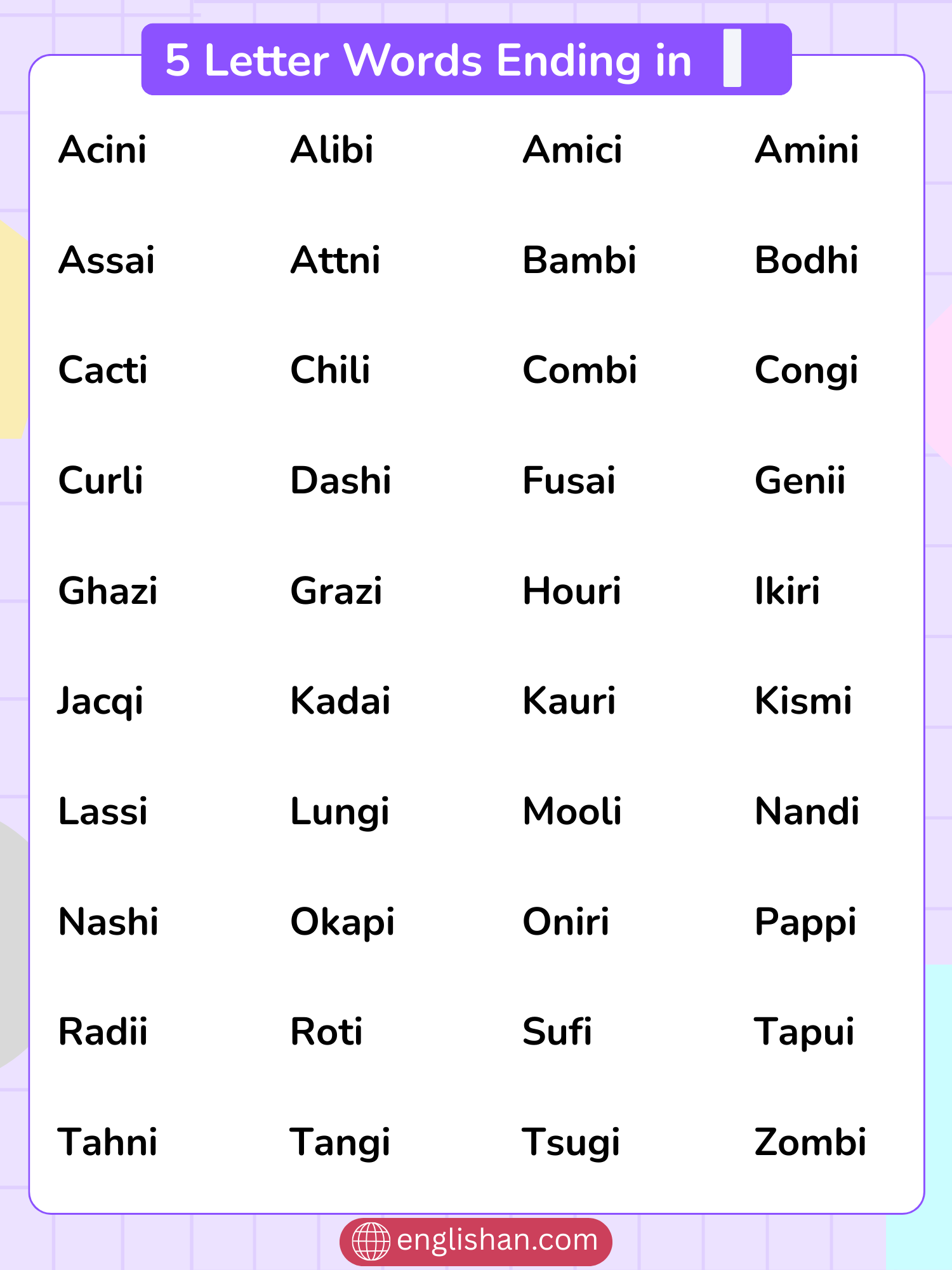 List of 5 Letter Words Ending in I with foods, animals, places