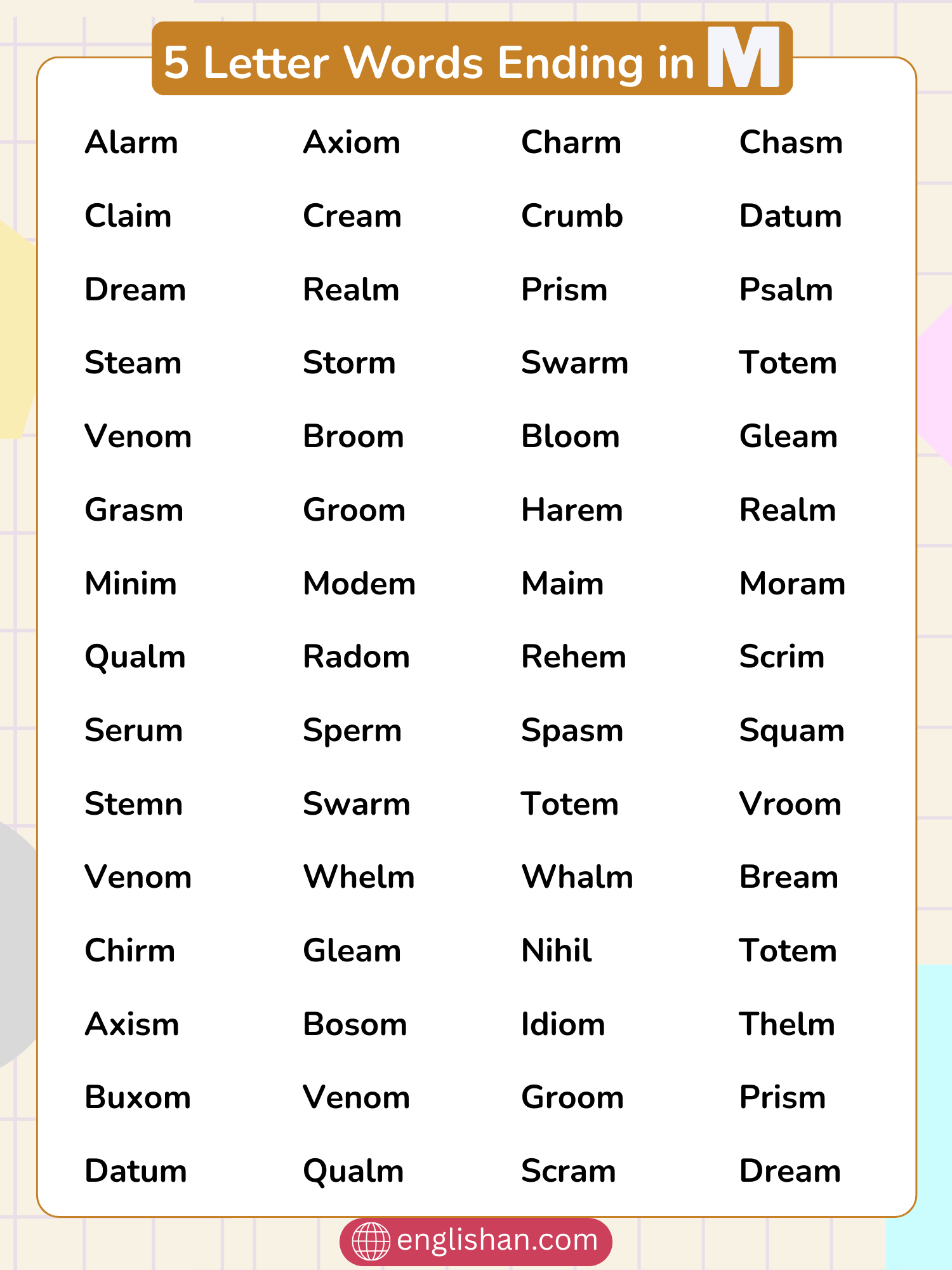 210 Five Letter Words Ending in M Foods Animals Places