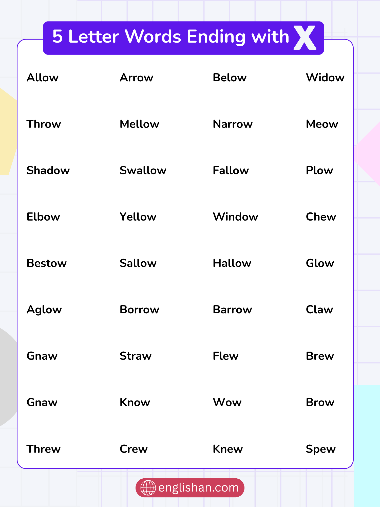 List of Five Letter Words Ending in X including common words, rare words, and places