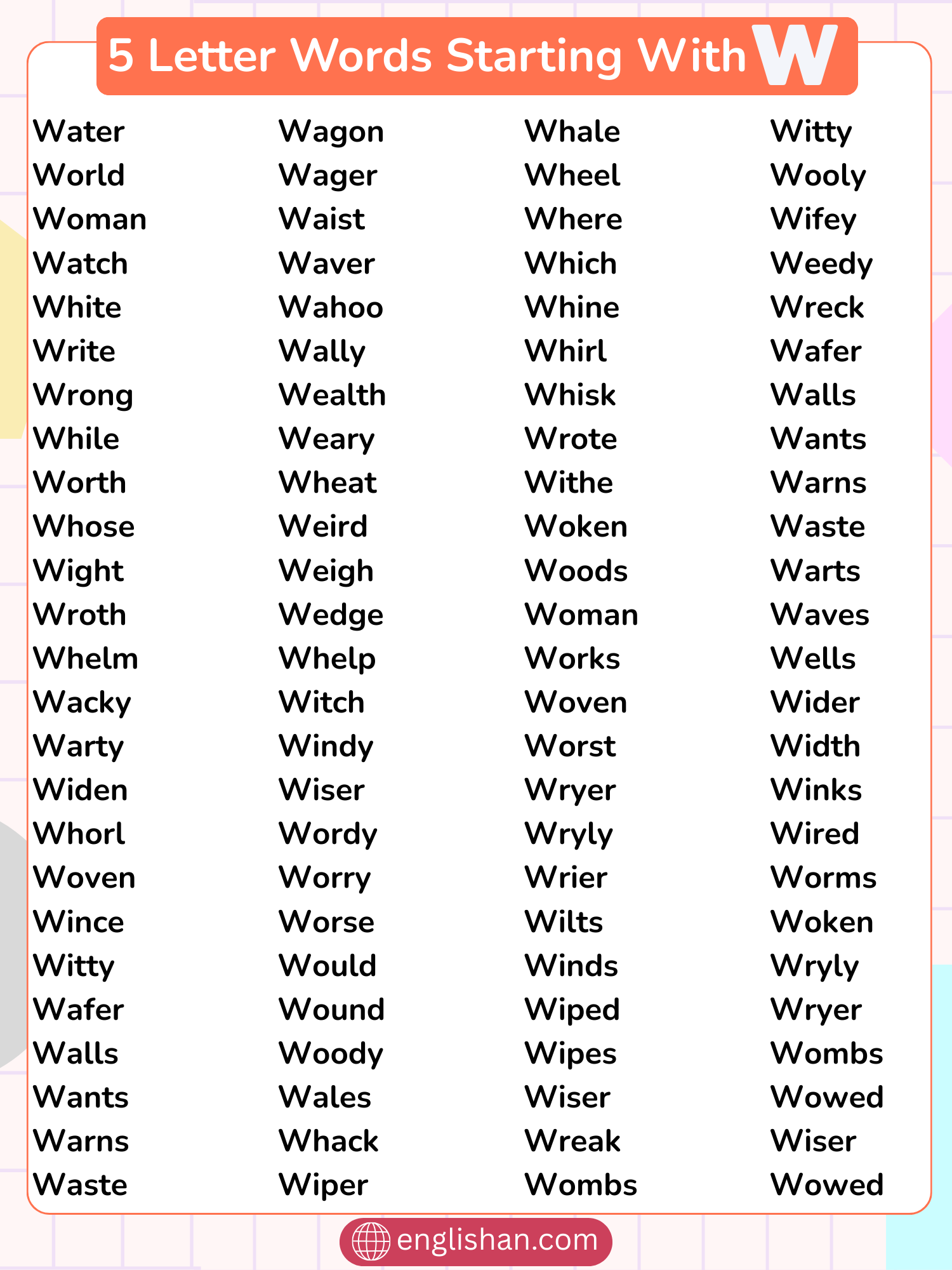 Complete List of 5 Letter Words That Start With W in English