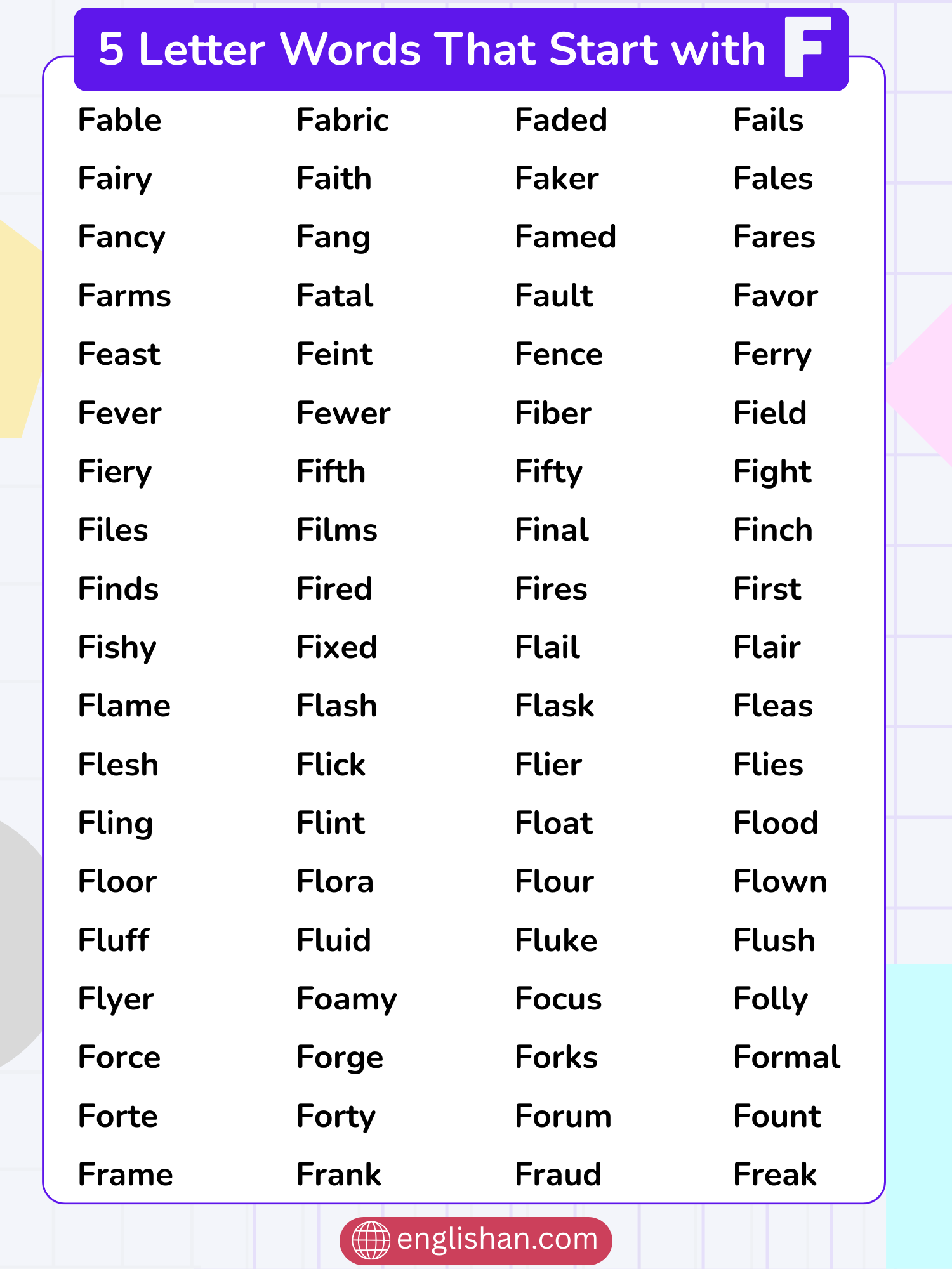 List of 5 Letter Words That Start with F including animals, foods, and verbs
