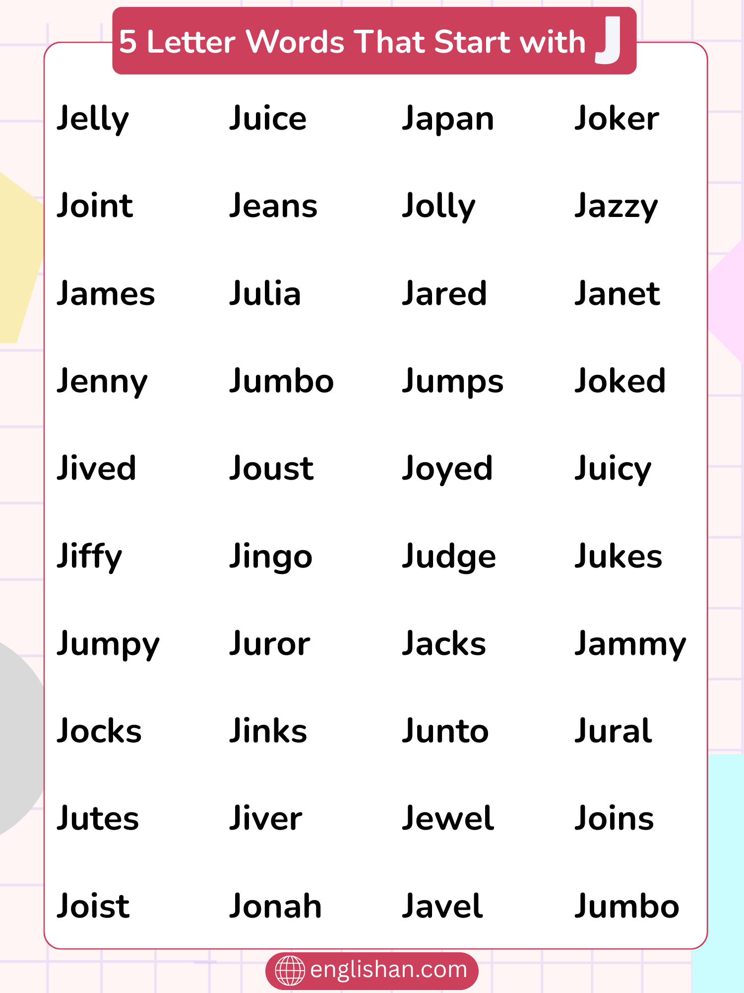 List of 5 letter words that start with J including positive and rare