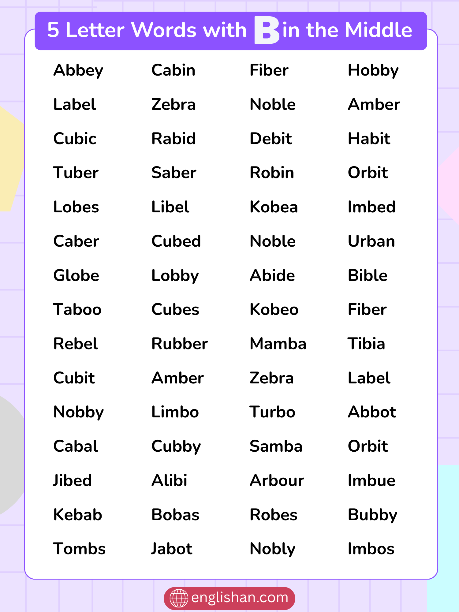 List of 5 letter words with B in the middle