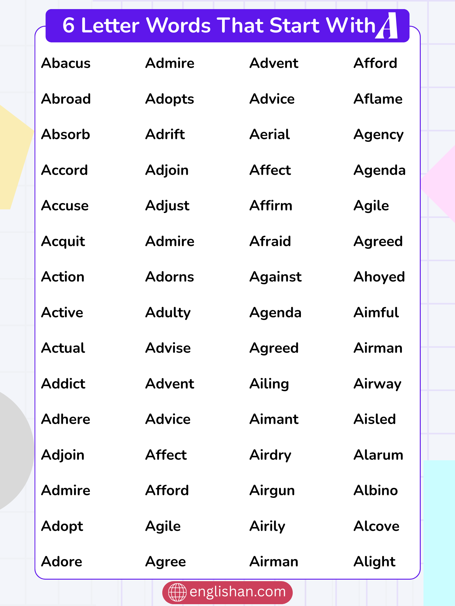 6 Letter Words That Start With A Vocabulary Chart
