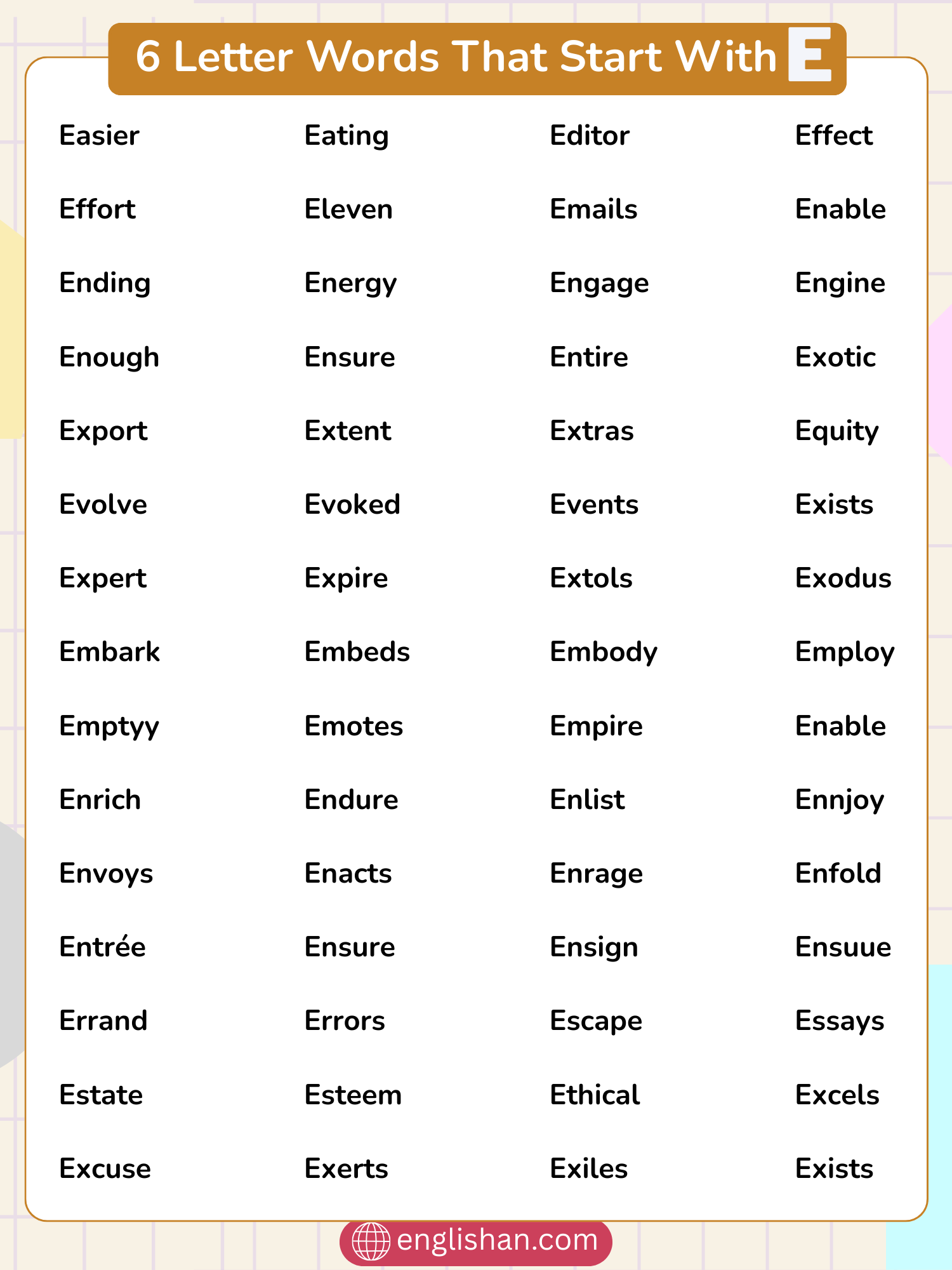6 letter words that start with E including easy and challenging words