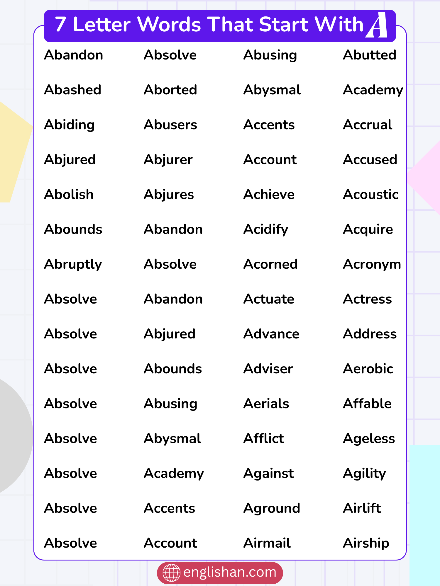 7 letter words that start with A
