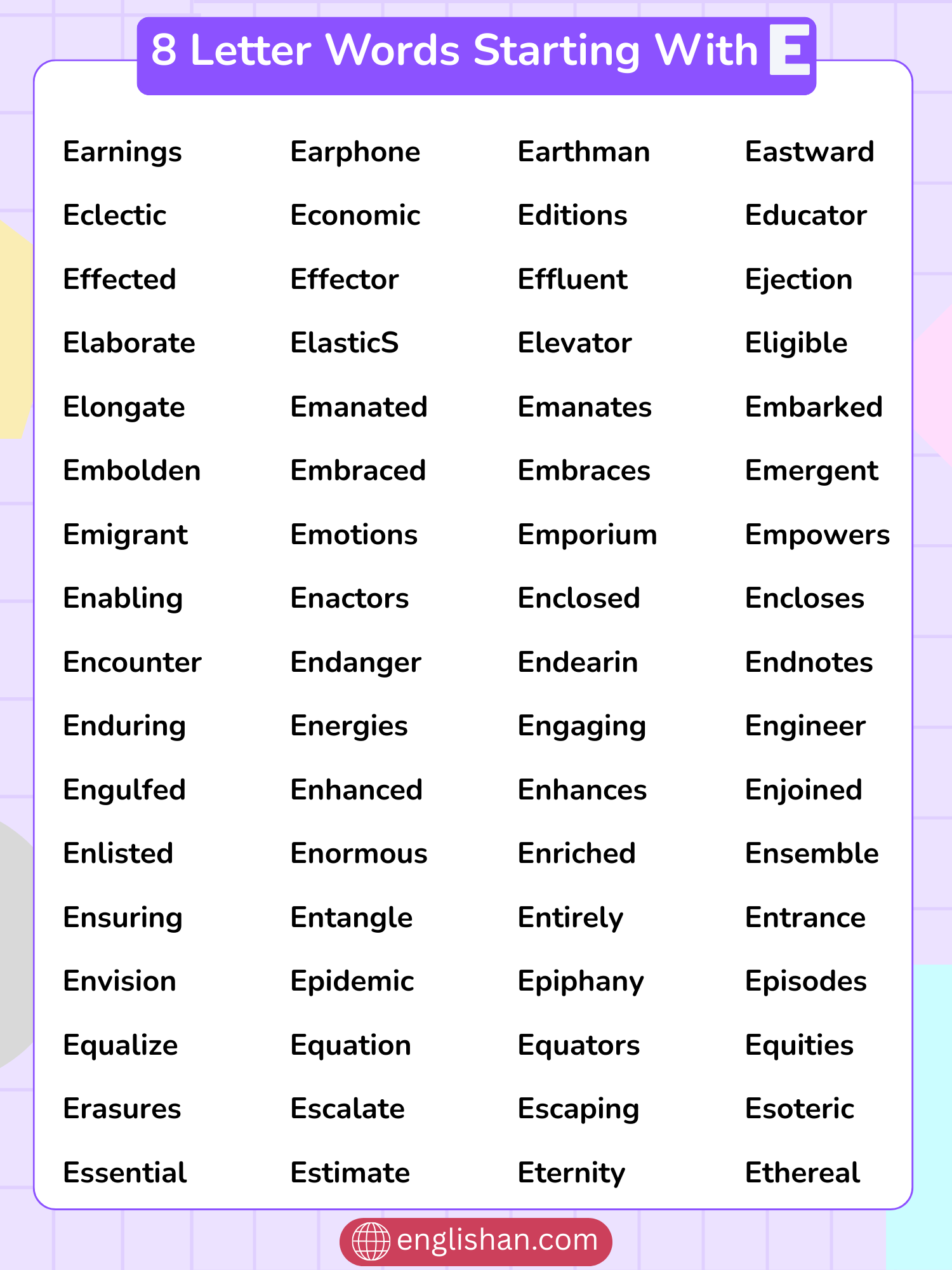  8 letter words that start with E for foods and animals