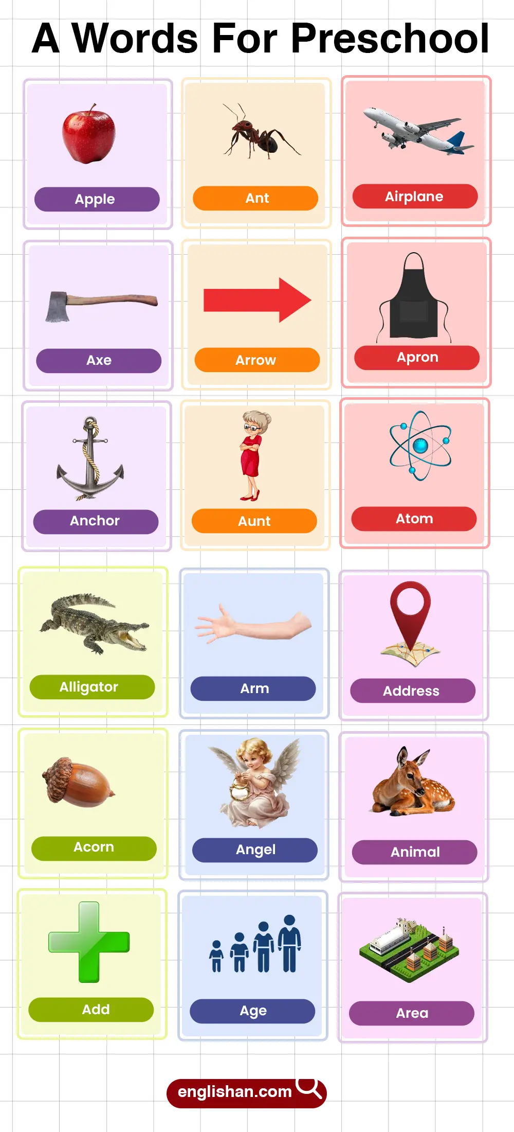 Preschool Words That Start With A including animals, fruits, and objects