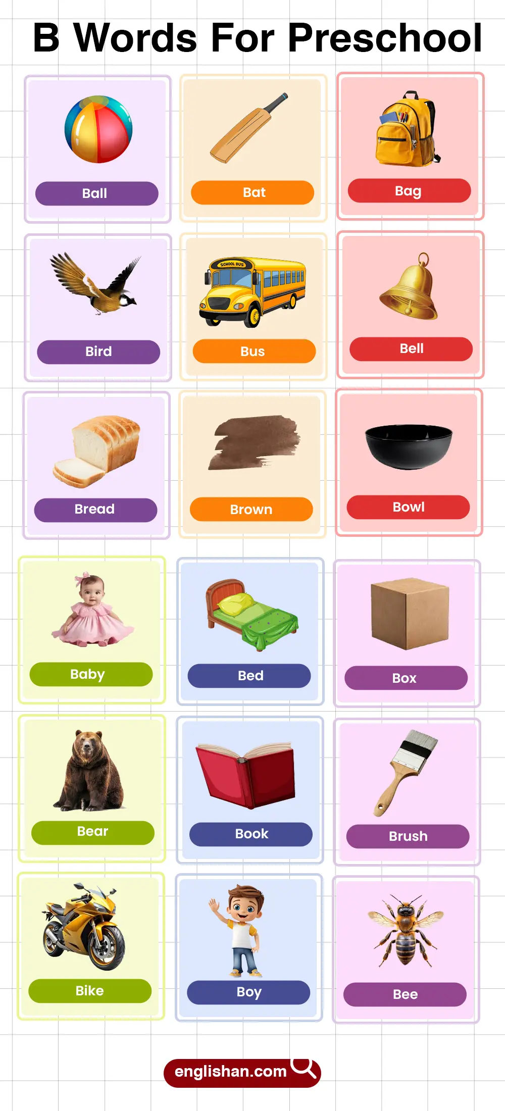 Preschool Words That Start With B with animals, foods, toys, and colors