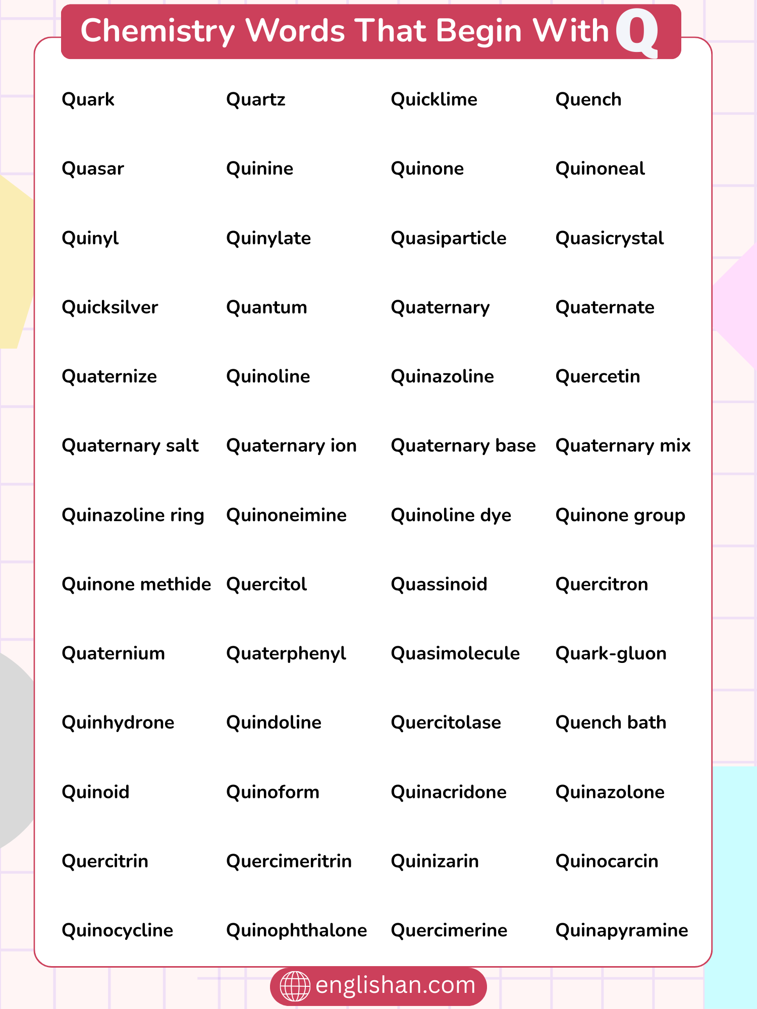 Chemistry words that start with Q including organic and inorganic terms